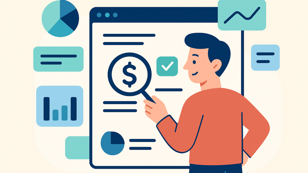 Illustration of a person analyzing a digital quote with a focus on pricing