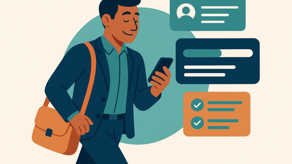 Illustration of a professional using a smartphone for managing projects, emphasizing mobility and agility