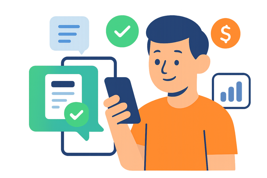 Character using a mobile phone to approve a quote via SMS in modern 2D flat vector SaaS style.