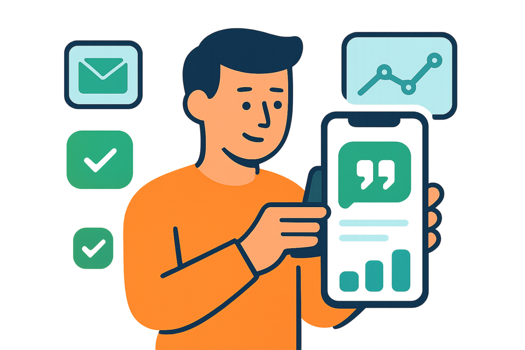 Illustration of a person using a smartphone to manage quotes in a business environment, clean 2D flat vector, modern SaaS style.