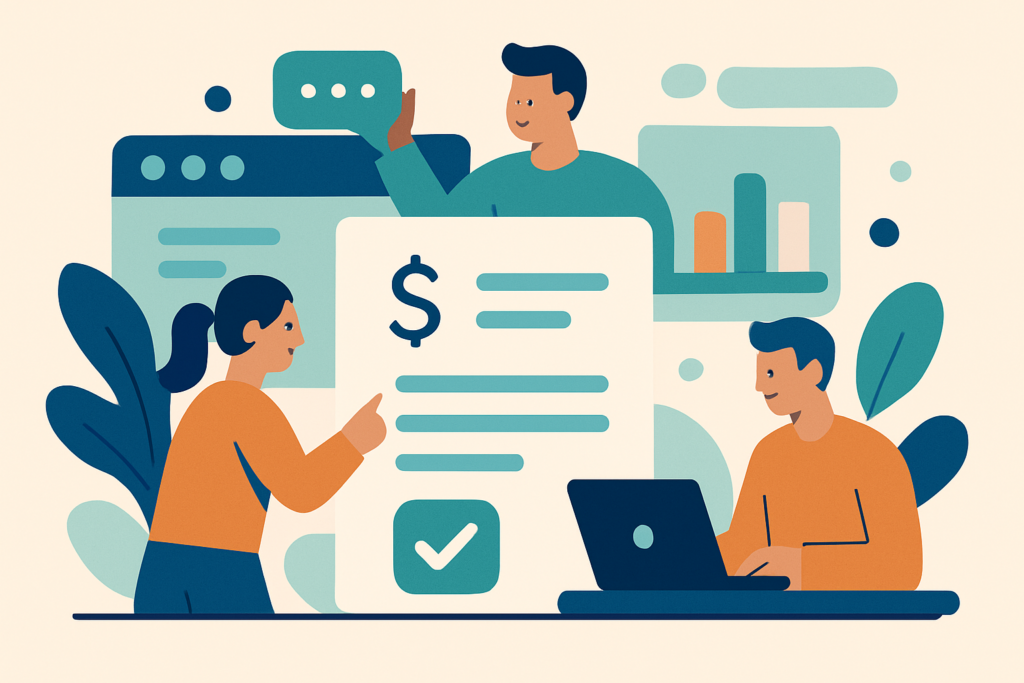 Depiction of teamwork and technology streamlining budget approvals