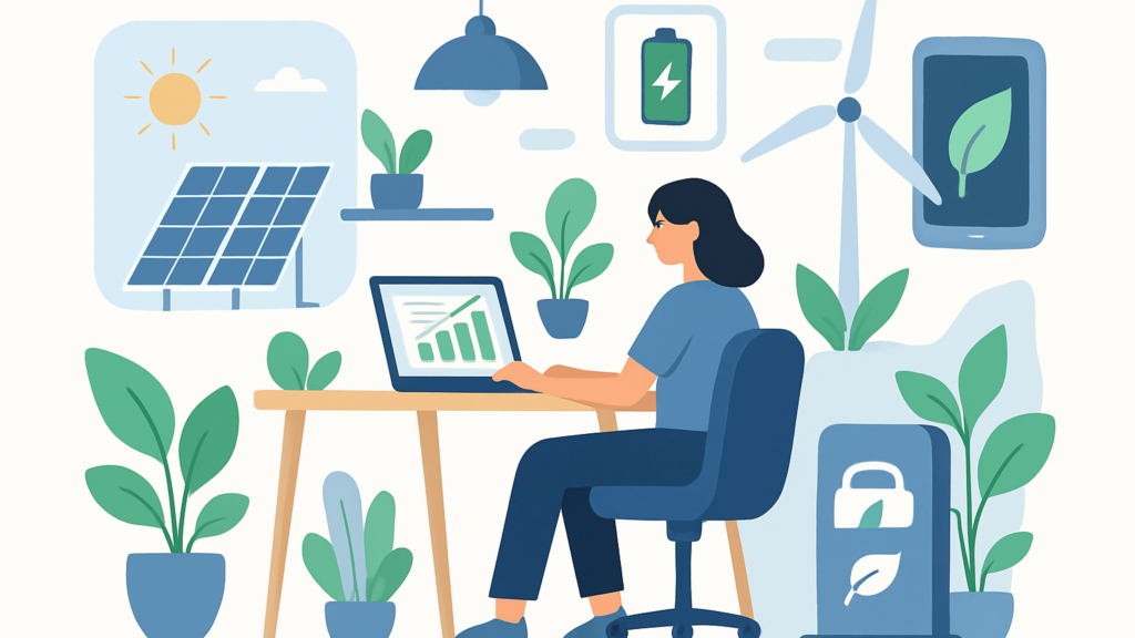 Illustration of sustainable business practices with eco-friendly technology and digital gadgets.